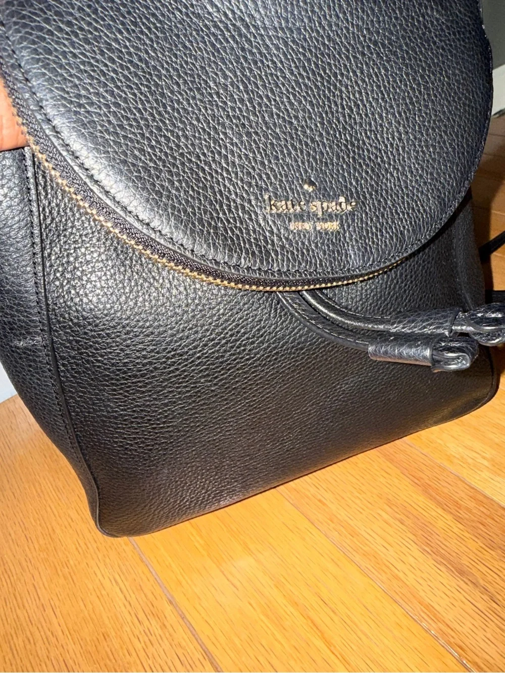 kate spade Black Pebbled Leather Mini Backpack with Gold Logo